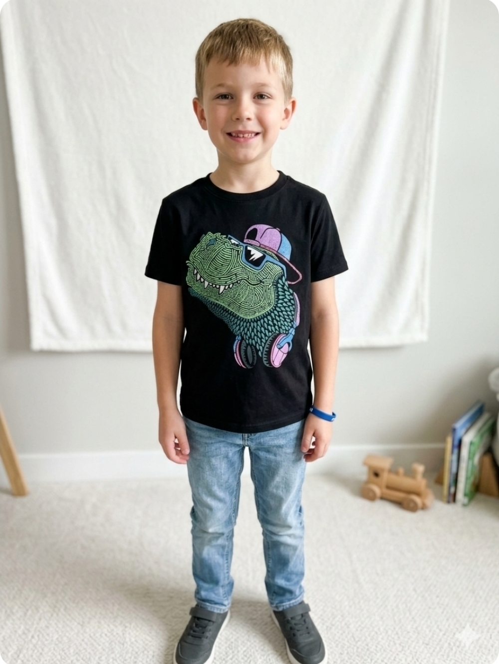 Cat & Jack Black Tee with Neon Green Dino and Pink & Purple Accents